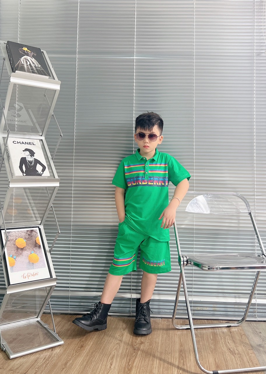 Bộ thun cotton cổ trụ in BBR size cho bé từ 26-38Kg