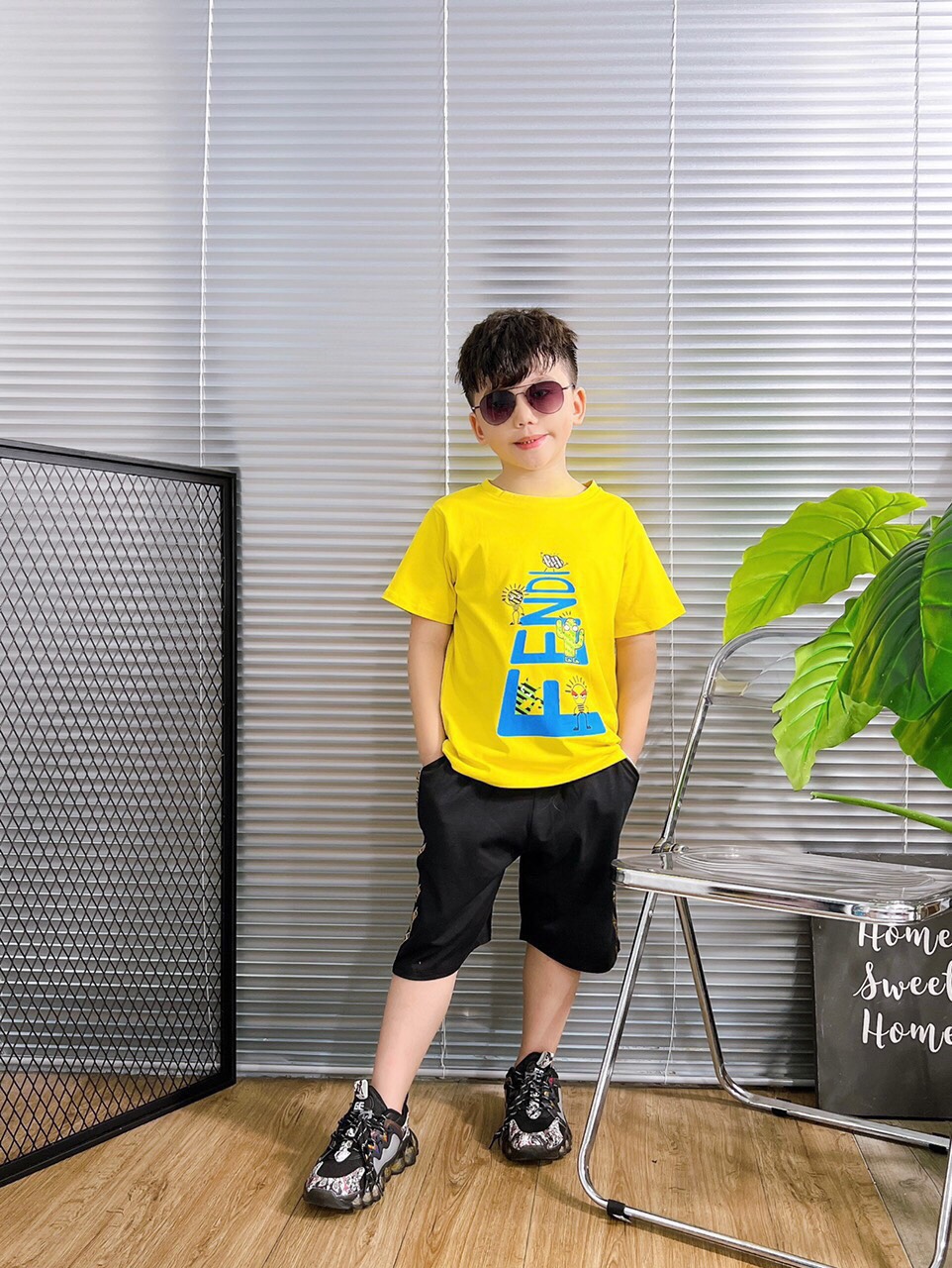 Bộ thun cotton in chữ Fendi size cho bé từ 38-53Kg