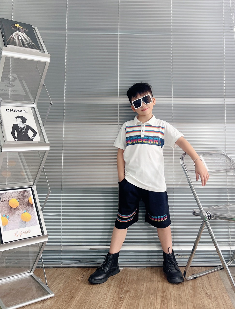 Bộ thun cotton cổ trụ in BBR size cho bé từ 26-38Kg