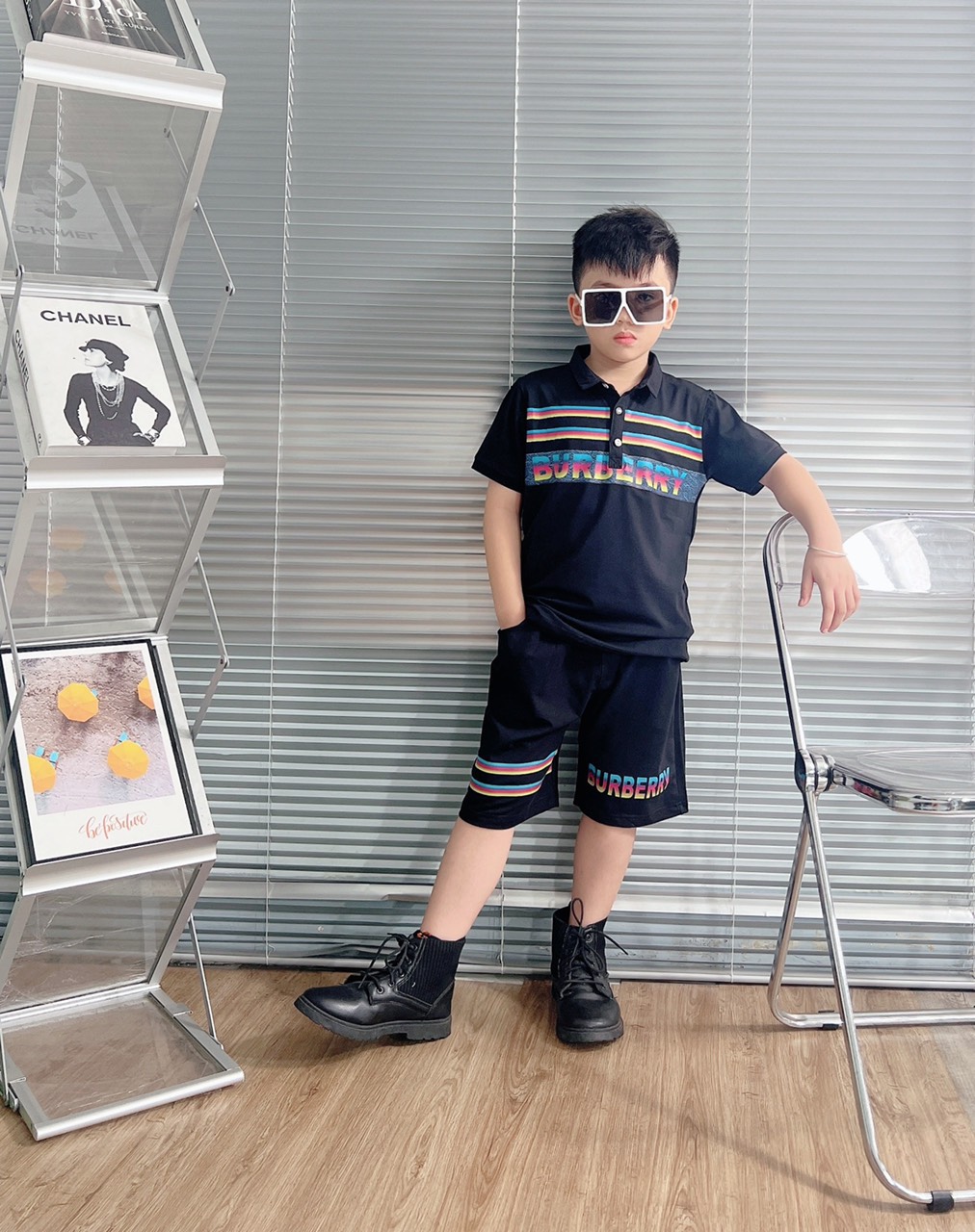 Bộ thun cotton cổ trụ in BBR size cho bé từ 26-38Kg