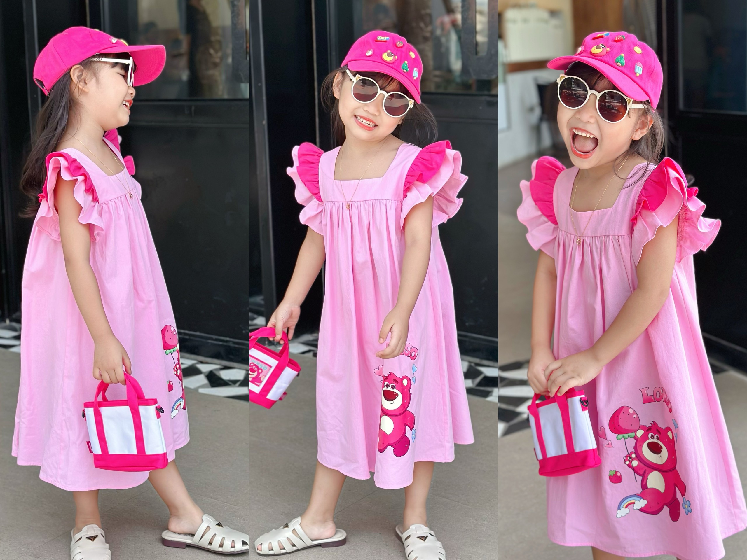Váy kate thô cánh tiên in hình Gấu Dâu cho bé từ 8-38Kg
