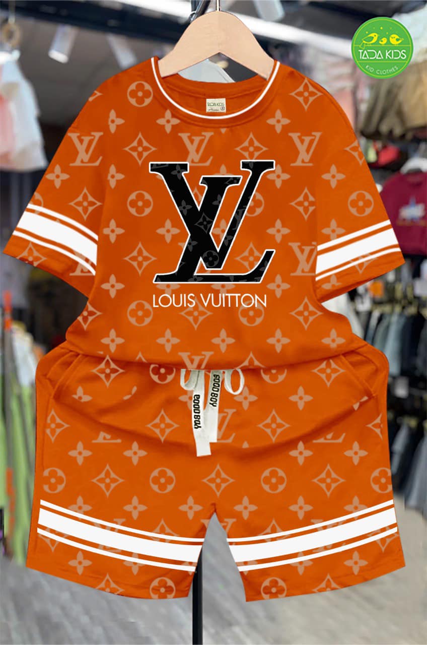 Bộ thun cotton in L.V phối viền tay sọc cho bé từ 26-39Kg