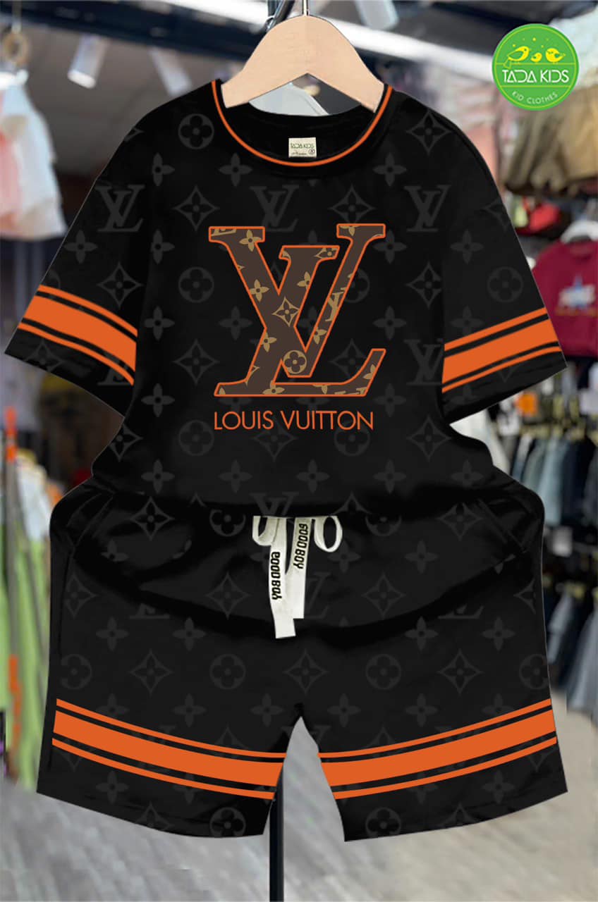 Bộ thun cotton in L.V phối viền tay sọc cho bé từ 26-39Kg
