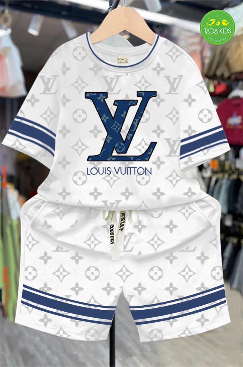 Bộ thun cotton in L.V phối viền tay sọc cho bé từ 26-39Kg