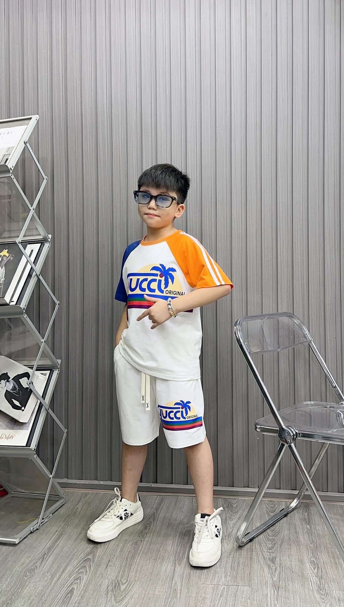 Bộ thun cotton in Gucc cây dừa cho bé từ 10-25Kg