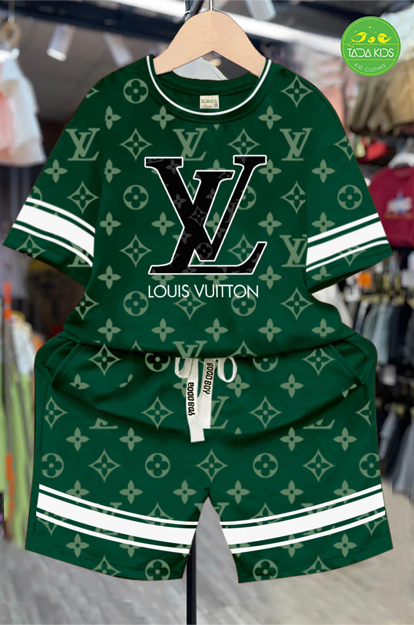 Bộ thun cotton phối sọc tay in LV 39-62Kg