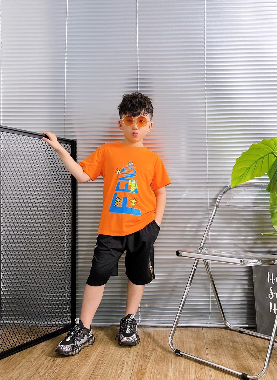 Bộ thun cotton in chữ Fendi size cho bé từ 8-23Kg