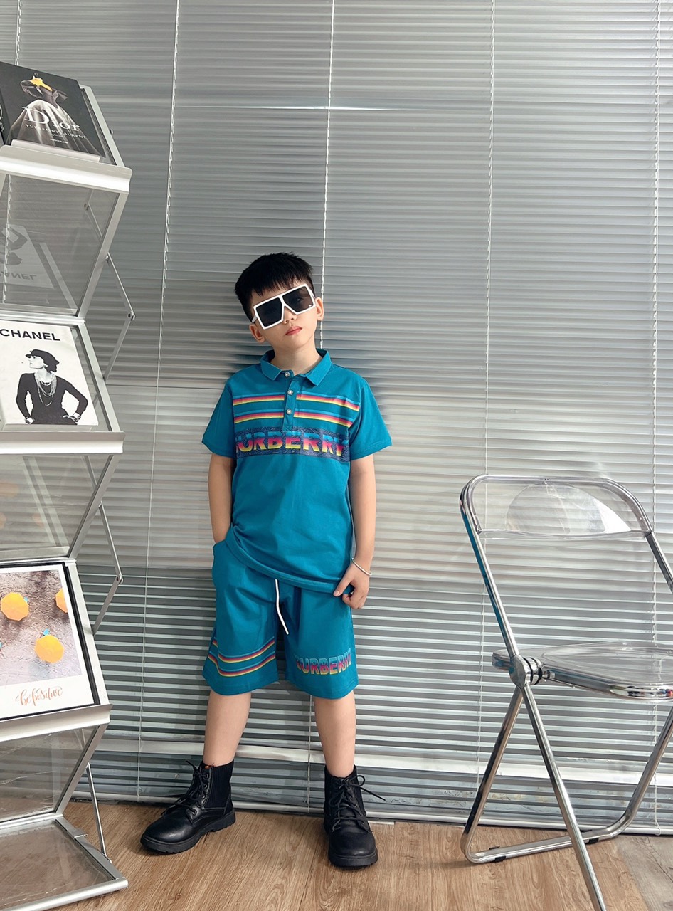 Bộ thun cotton cổ trụ in BBR size cho bé từ 26-38Kg