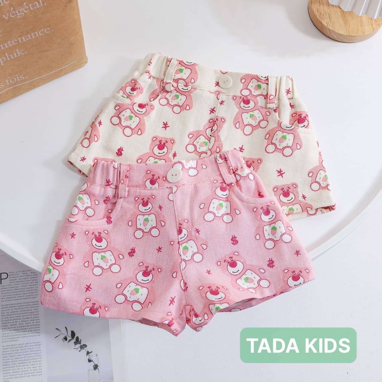 Quần đùi kaki mềm gấu dâu Bé Gái size cho bé từ 24-40Kg