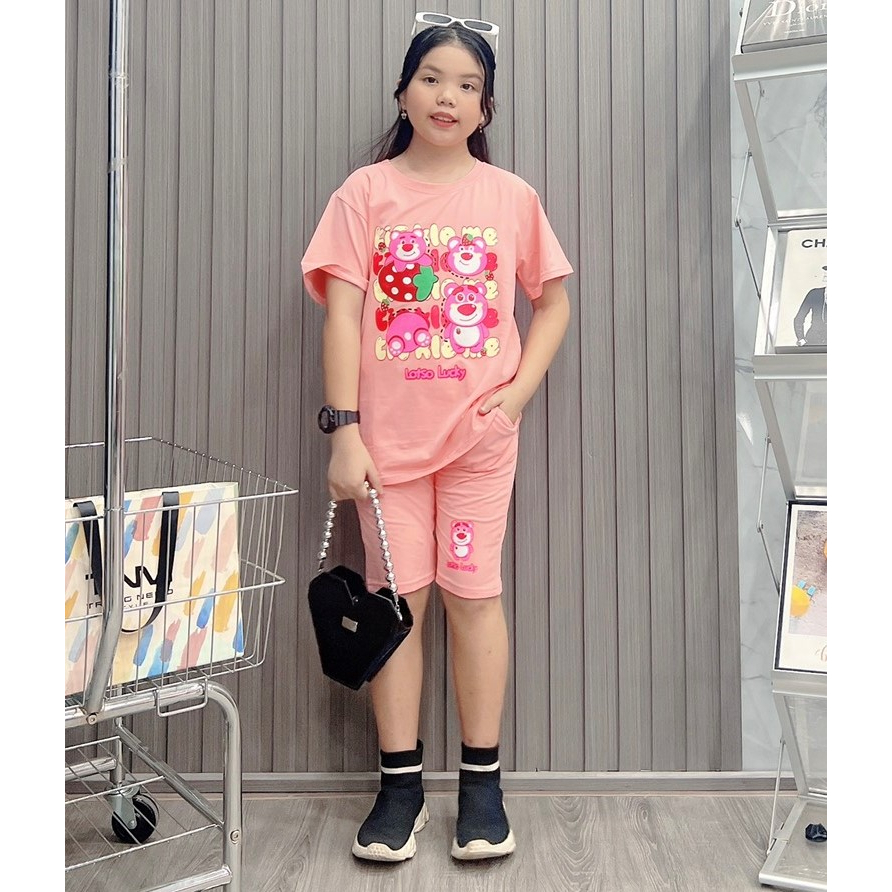 Bộ ngố bé gái cotton in hình Gấu Dâu (47-65Kg)