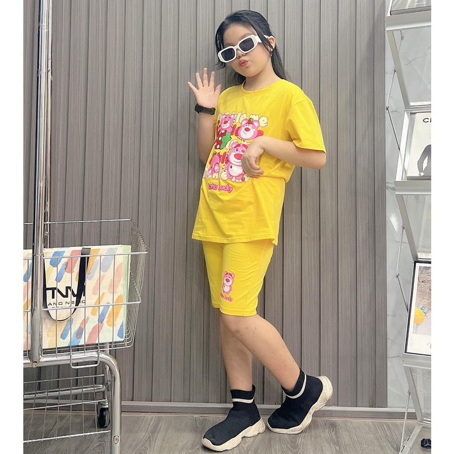 Bộ ngố bé gái cotton in hình Gấu Dâu (47-65Kg)