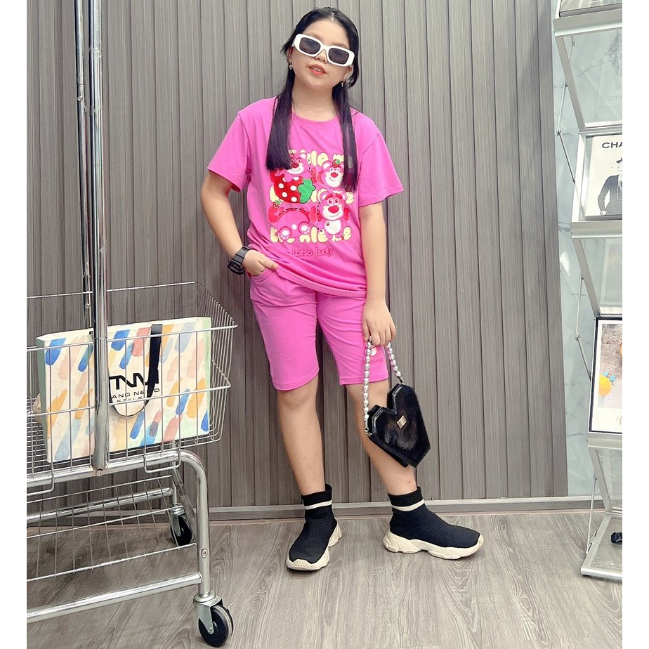 Bộ ngố bé gái cotton in hình Gấu Dâu (12-26Kg)