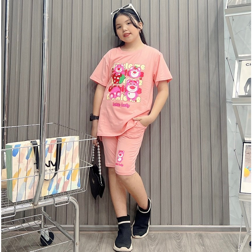 Bộ ngố bé gái cotton in hình Gấu Dâu (12-26Kg)