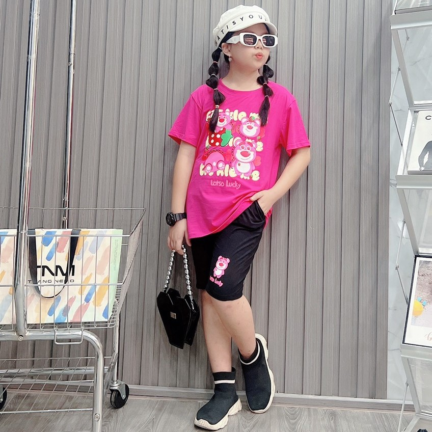 Bộ ngố bé gái cotton in hình Gấu Dâu (26-45Kg)