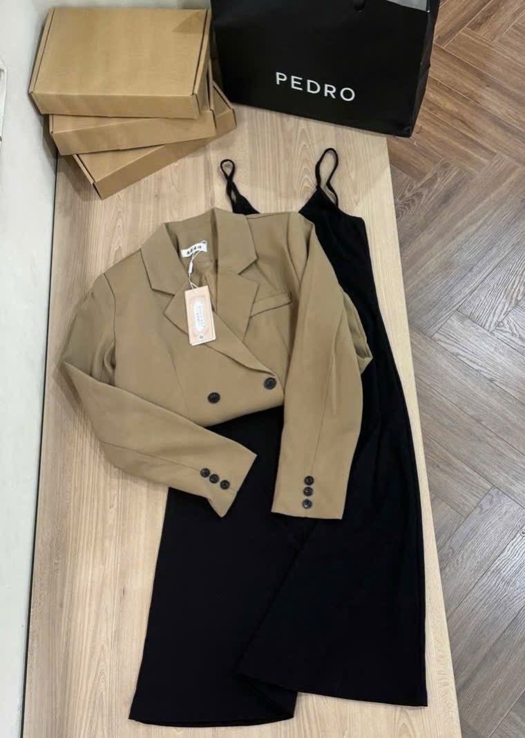 SET BLAZER PHỐI VÁY MIDI 2 DÂY NỮ THU ĐÔNG SẴN