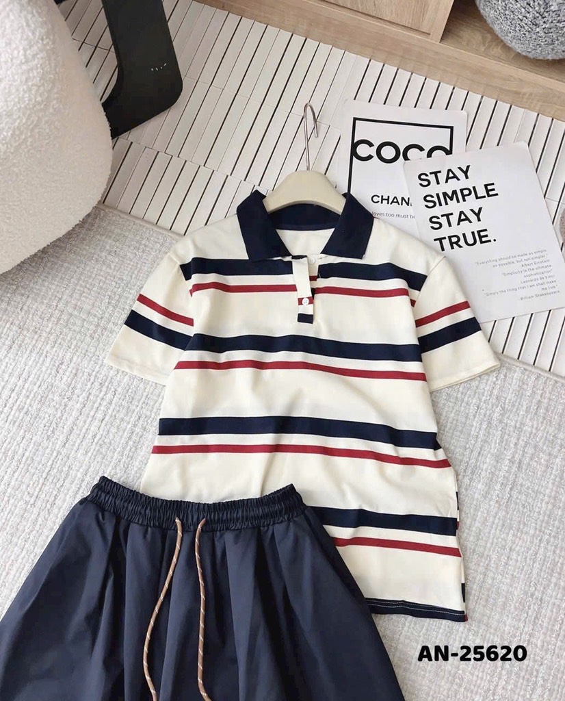 SET BỘ POLO KẺ CÚC PHỐI CV THAN NỮ