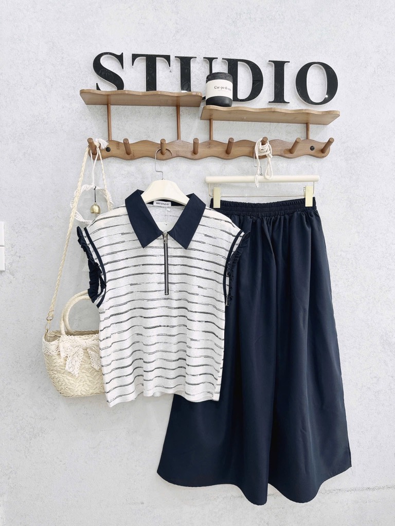 SET ÁO KẺ PHỐI TAT VIỀN MIX CHÂN VÁY NỮ