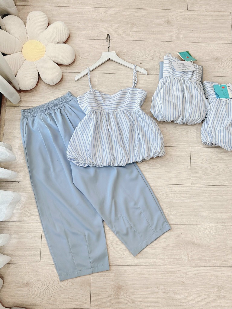 SET BỘ NỮ ÁO KẺ LI-EN BỒNG 2 LỚP CHẠY CHUN SẴN xả 89k