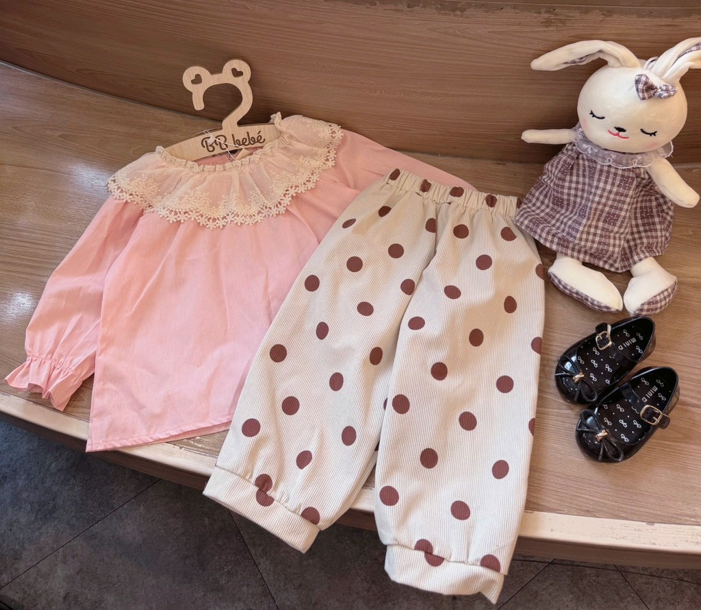 SET BỘ DÀI ÁO BABYDOLL PHỐI REN MIX QUẦN CHẤM BI BÉ GÁI (XẢ 50k)