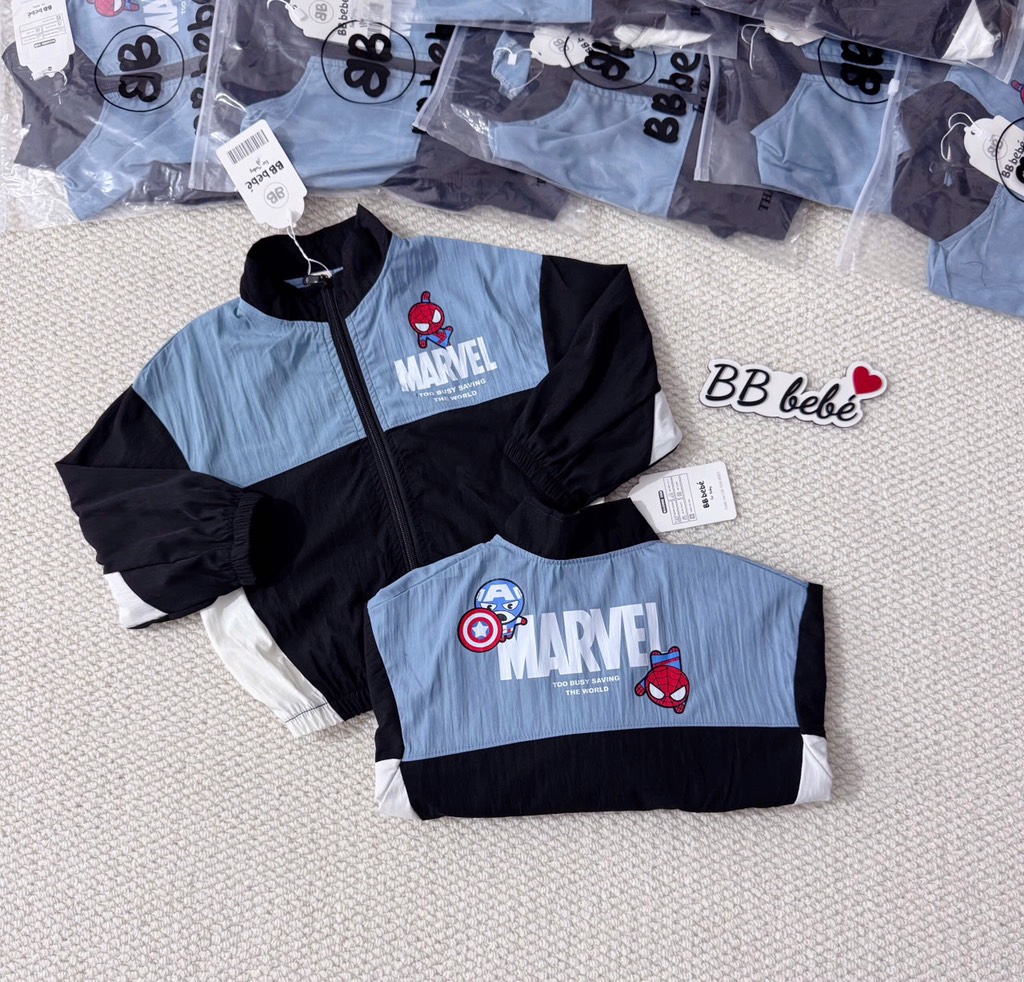 ÁO GIÓ DÀI TAY NHỆN MARVEL XANH ĐEN BÉ TRAI