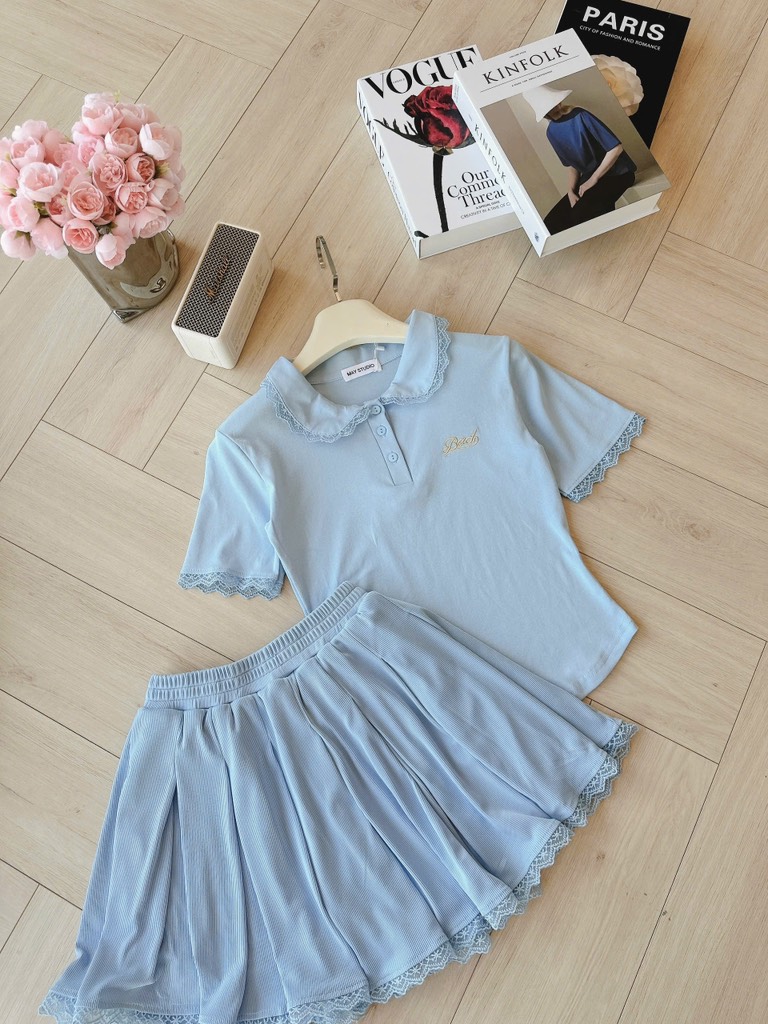 SET ÁO POLO CỔ SEN PHỐI REN XANH NỮ