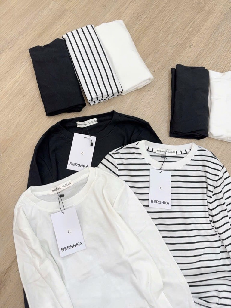SET 3 ÁO THUN ZIP BSKK ĐEN KẺ TRẮNG NỮ THU ĐÔNG