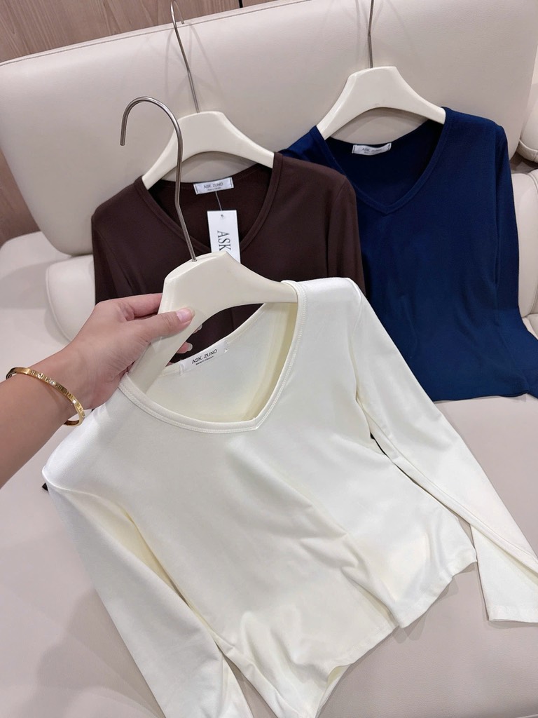 SET 3 ÁO ZIP CỔ V DÀI TAY XANH NÂU KEM NỮ THU ĐÔNG