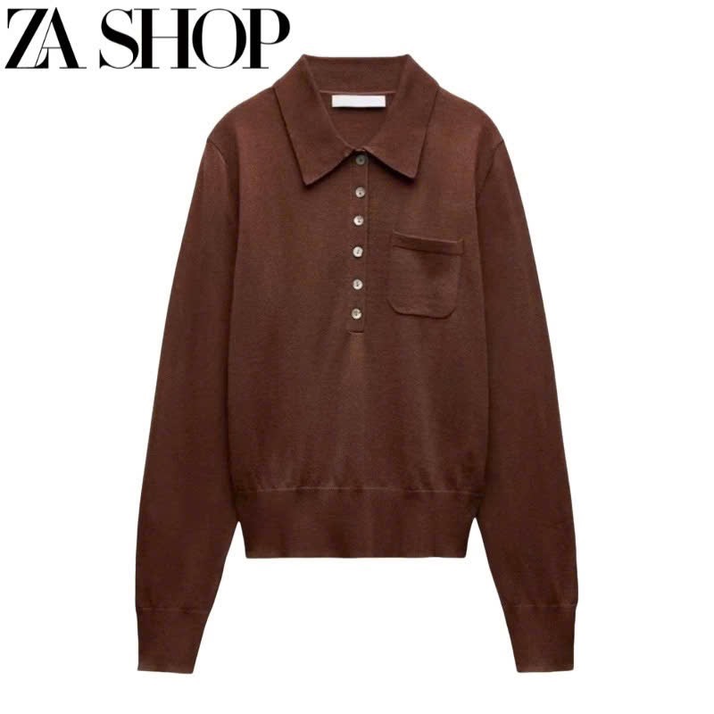 ÁO LEN CỔ POLO DÀI TAY NÂU SOCOLA NỮ THU ĐÔNG