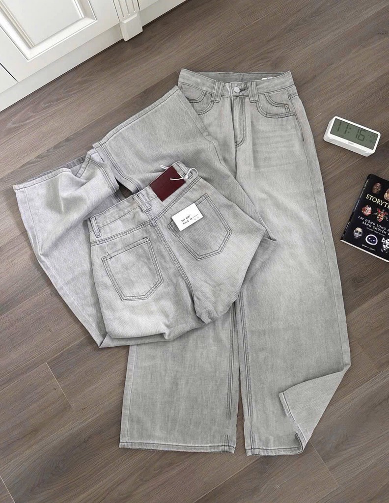 QUẦN SUÔNG JEAN NỮ MÀU XÁM KHÓI SẴN