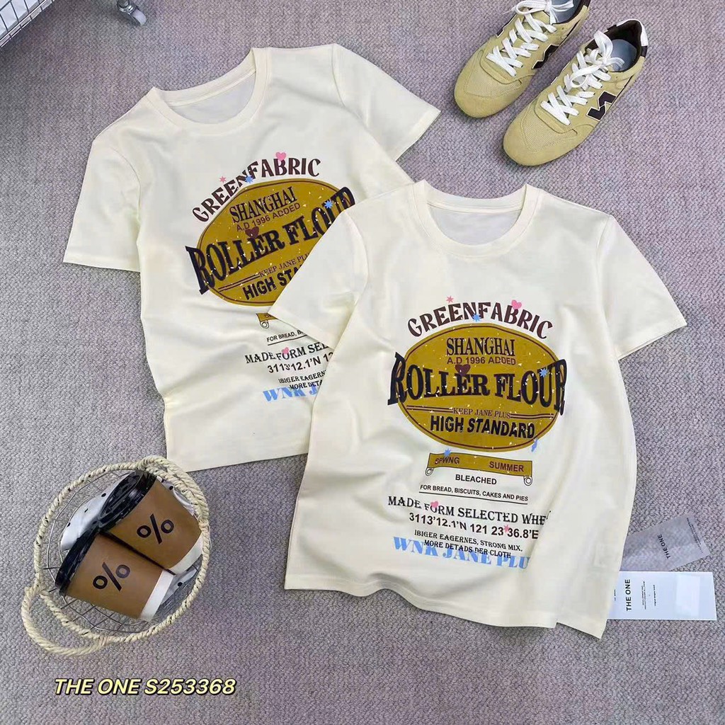 ÁO PHÔNG BE HOẠ TIẾT CHỮ ROLLER FLOOR NỮ