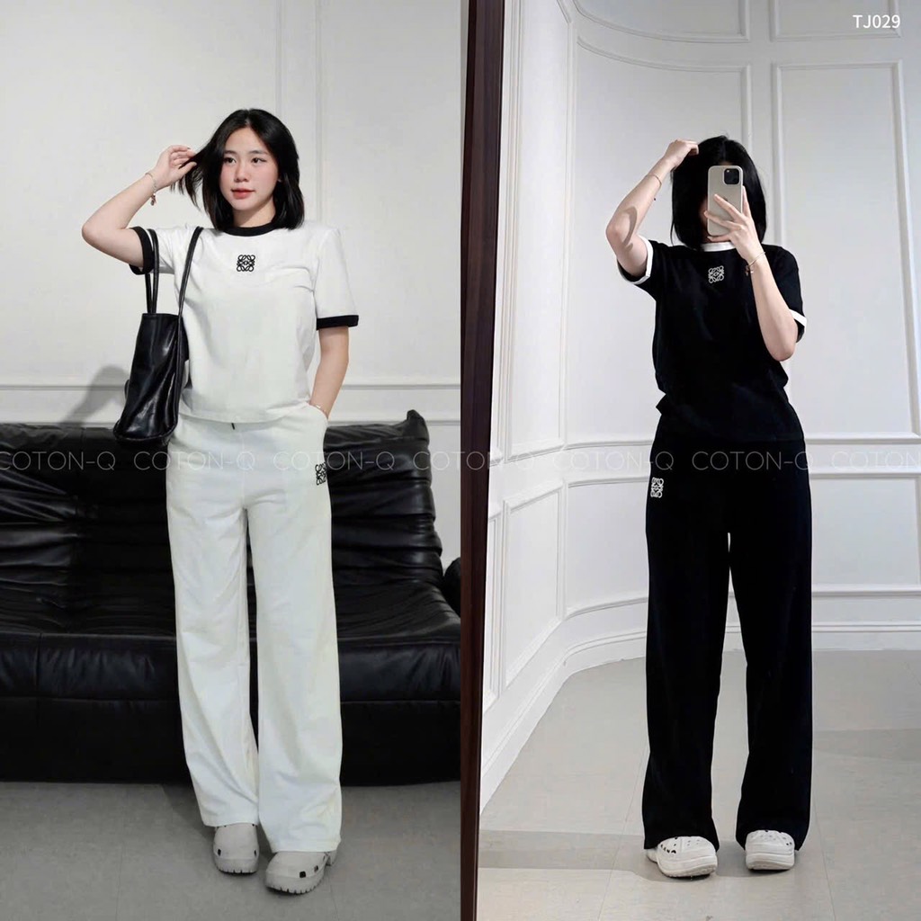 SET BỘ ÁO CỘC TAY PHỐI VIỀN CỔ KÈM QUẦN SUÔNG NỮ