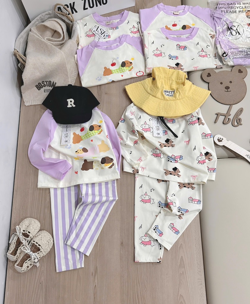 BỘ DÀI CHÓ CON NHỎ TONE TÍM BE QUẦN KẺ BÉ GÁI