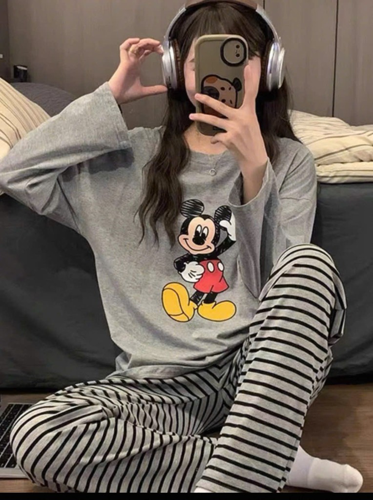 BỘ DÀI MICKEY XÁM QUẦN KẺ NỮ THU ĐÔNG SẴN