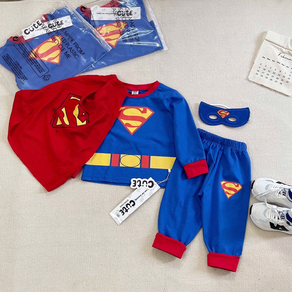 SET BỘ DÀI COTTON SUPER MAN XANH KÈM MẶT NẠ ÁO CHOÀNG BÉ TRAI