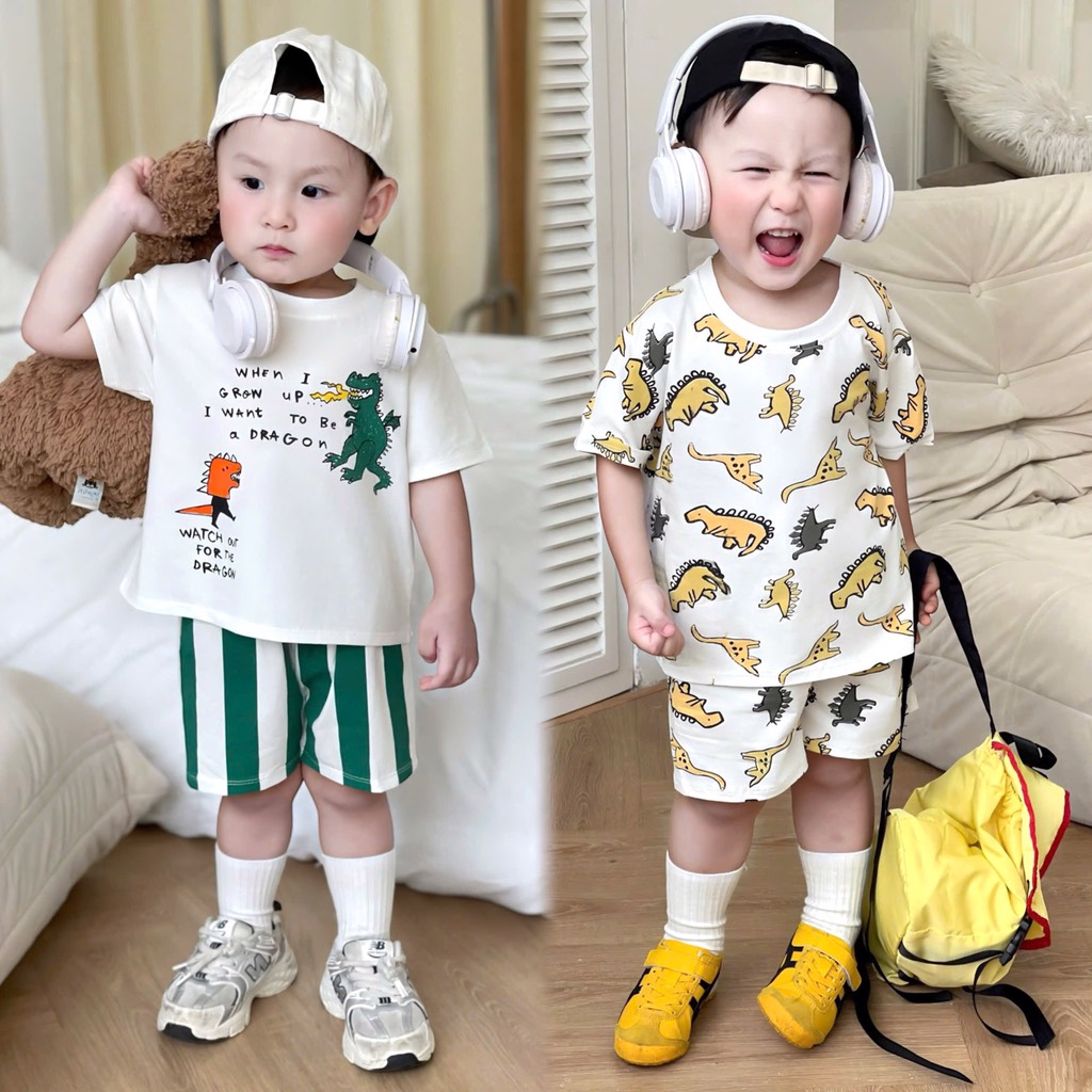 SET 2B CỘC TAY KHỦNG LONG TONE VÀNG XANH CHO BÉ TRAI