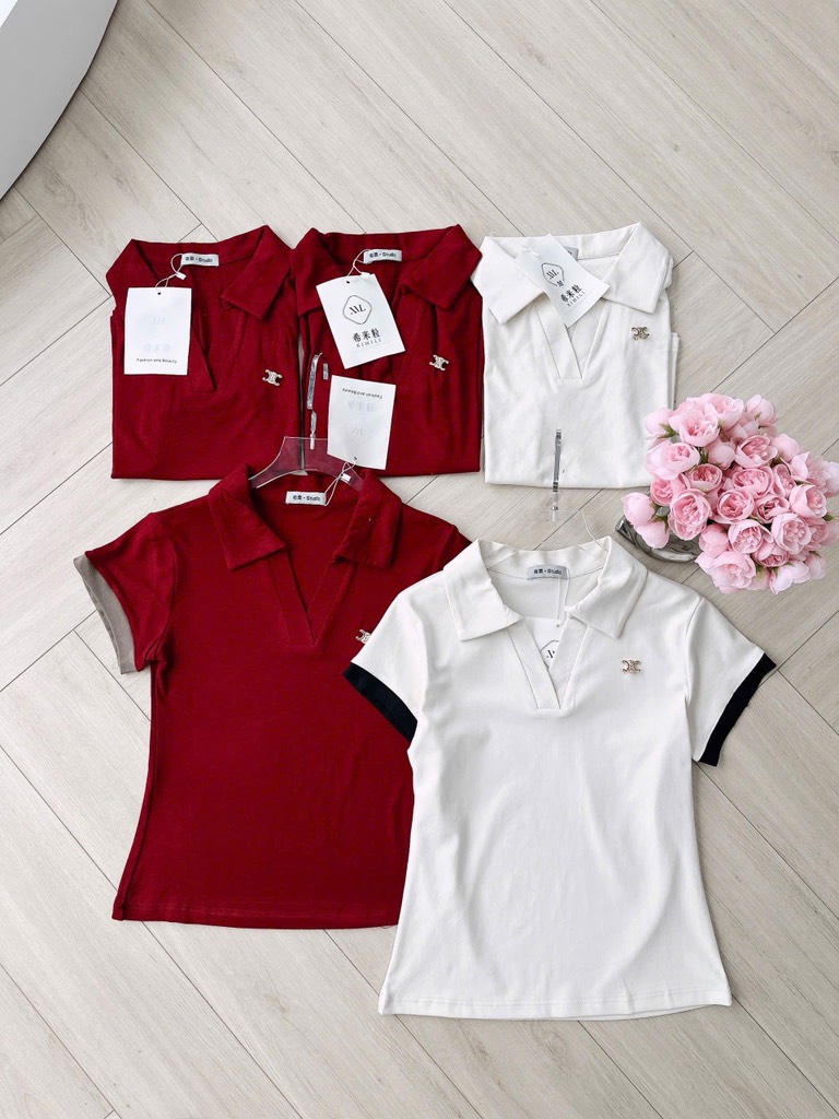 ÁO CỔ V PHỐI TAY ĐÍNH TAG NỮ SẴN