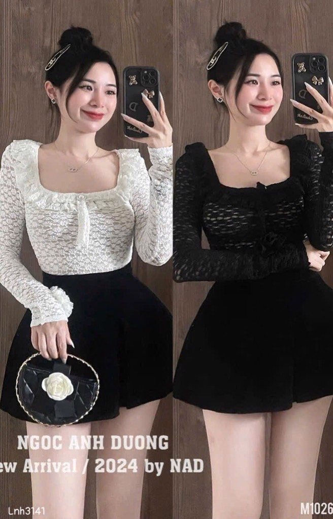 SET BỘ ÁO REN CỔ VUÔNG ĐÍNH NGỌC MIX CHÂN VÁY SẴN