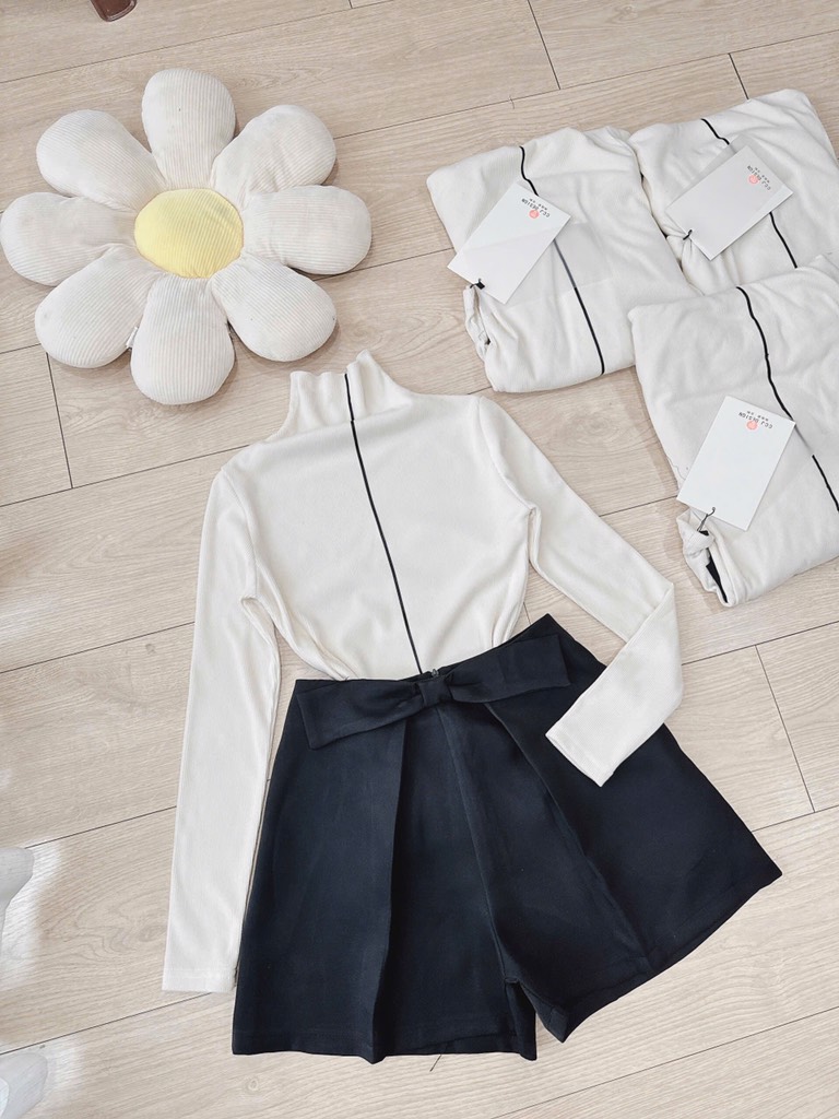 SET ÁO LEN HÀN CỔ CAO MIX QUẦN NƠ NỮ THU ĐÔNG SẴN