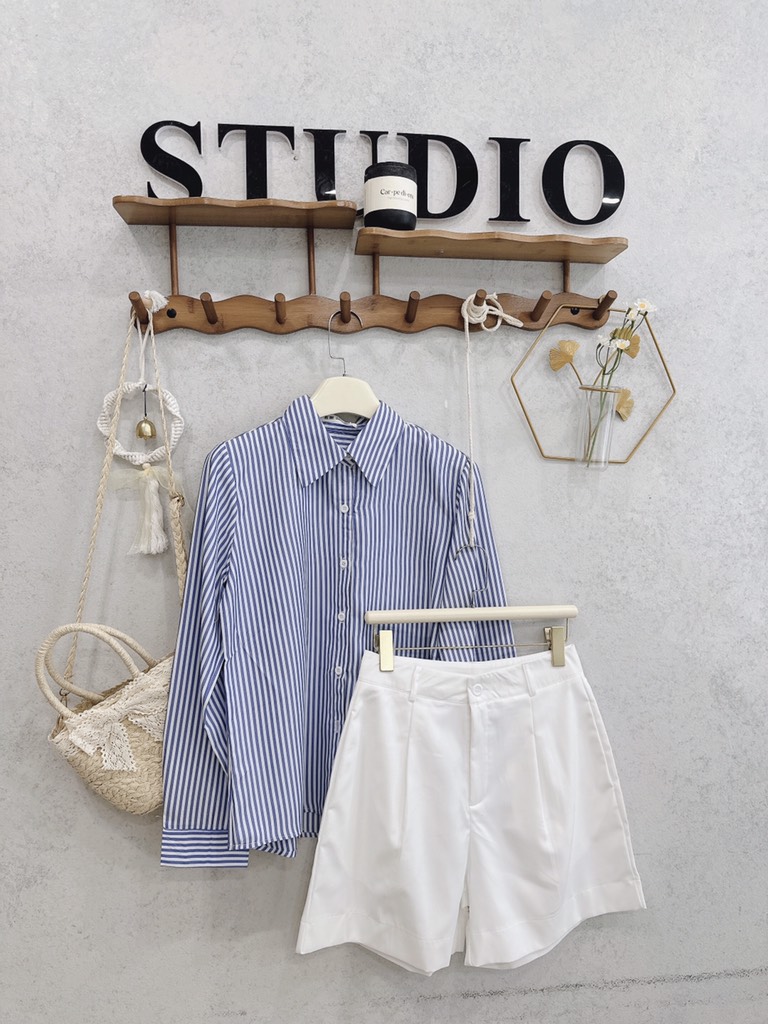 SET ÁO KẺ XANH MIX SHORT LI GẤU TO NỮ SẴN