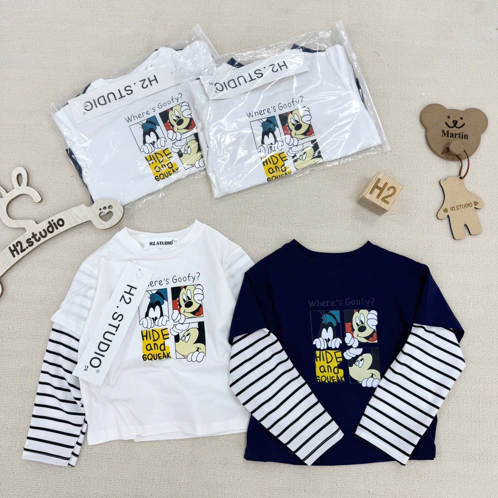 SET 2 ÁO DÀI PHỐI TAY KẺ MICKEY WHERE'S GOOFY TRẮNG THAN BÉ TRAI