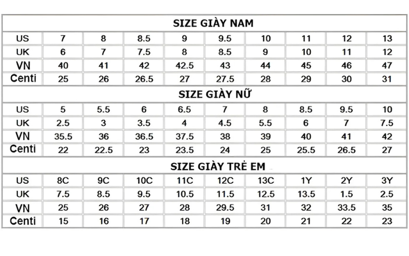 Bảng Size Giày UK Chính Xác Cho Nam, Nữ & Trẻ Em