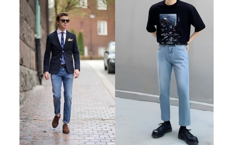 Phối quần jean xanh bạc cùng giày da