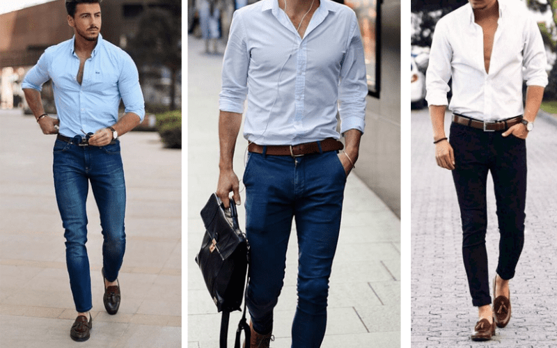 Giày da với quần jean + Áo sơ mi