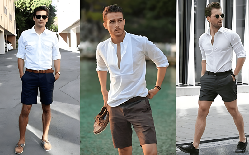 Giày da với quần short + Áo sơ mi