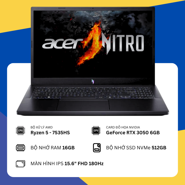 Acer Gaming Nitro V 15 ANV15-41 (Ryzen 5 7535HS/16GB RAM/SSD 512GB/RTX 3050 6GB/15.6" FHD 180Hz) - NEW