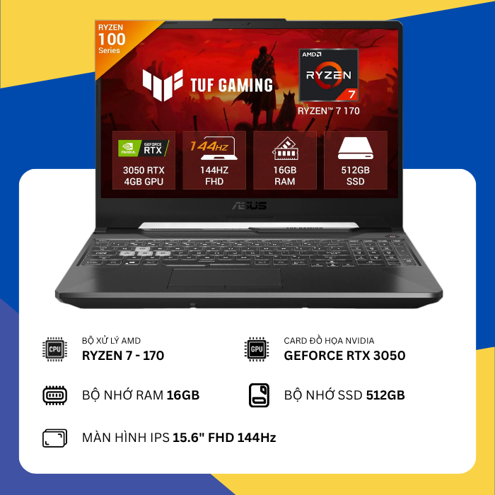 Asus TUF Gaming A15 FA506NCQ (Ryzen 7 - 170/16GB RAM/SSD 512GB/RTX 3050 4GB/15.6" FHD 144Hz) Like New - BH hãng 16/08/2028