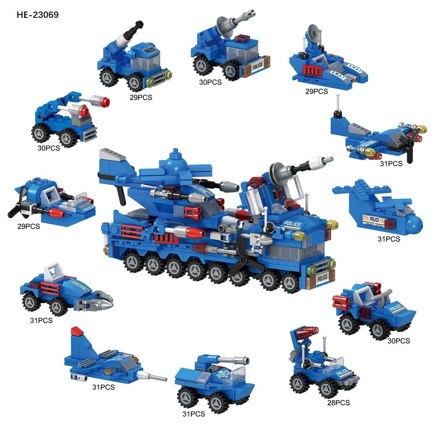 Bộ xếp hình xe cảnh sát đặc biệt 12 mẫu mã HE-23069 (Bán lốc 12 hộp)
