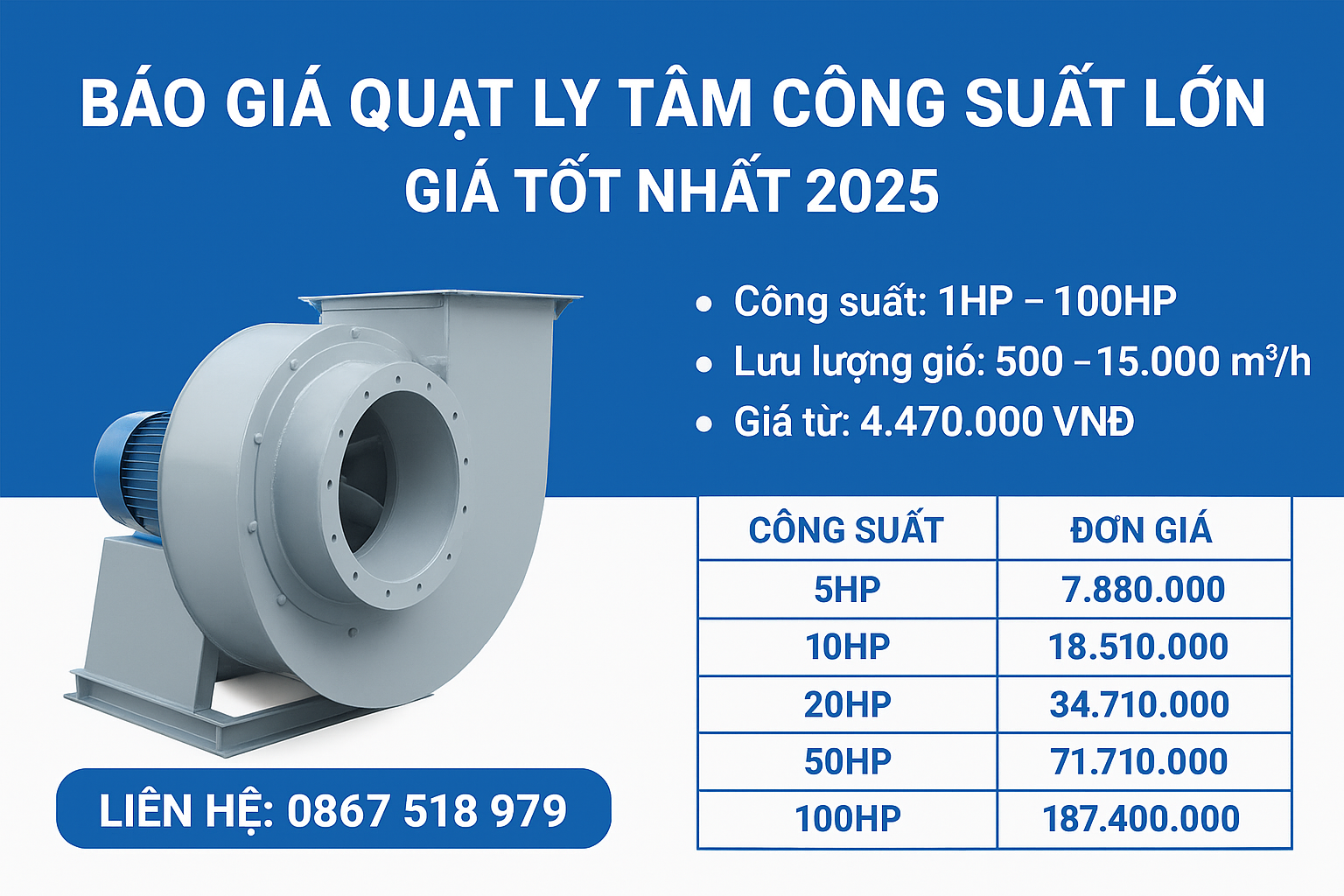 Bảng giá quạt ly tâm công suất lớn mới nhất