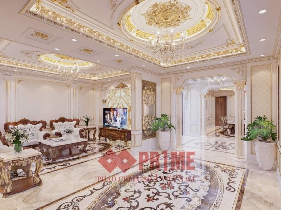 Thi công phào chỉ pu dát vàng lâu đài An Khánh