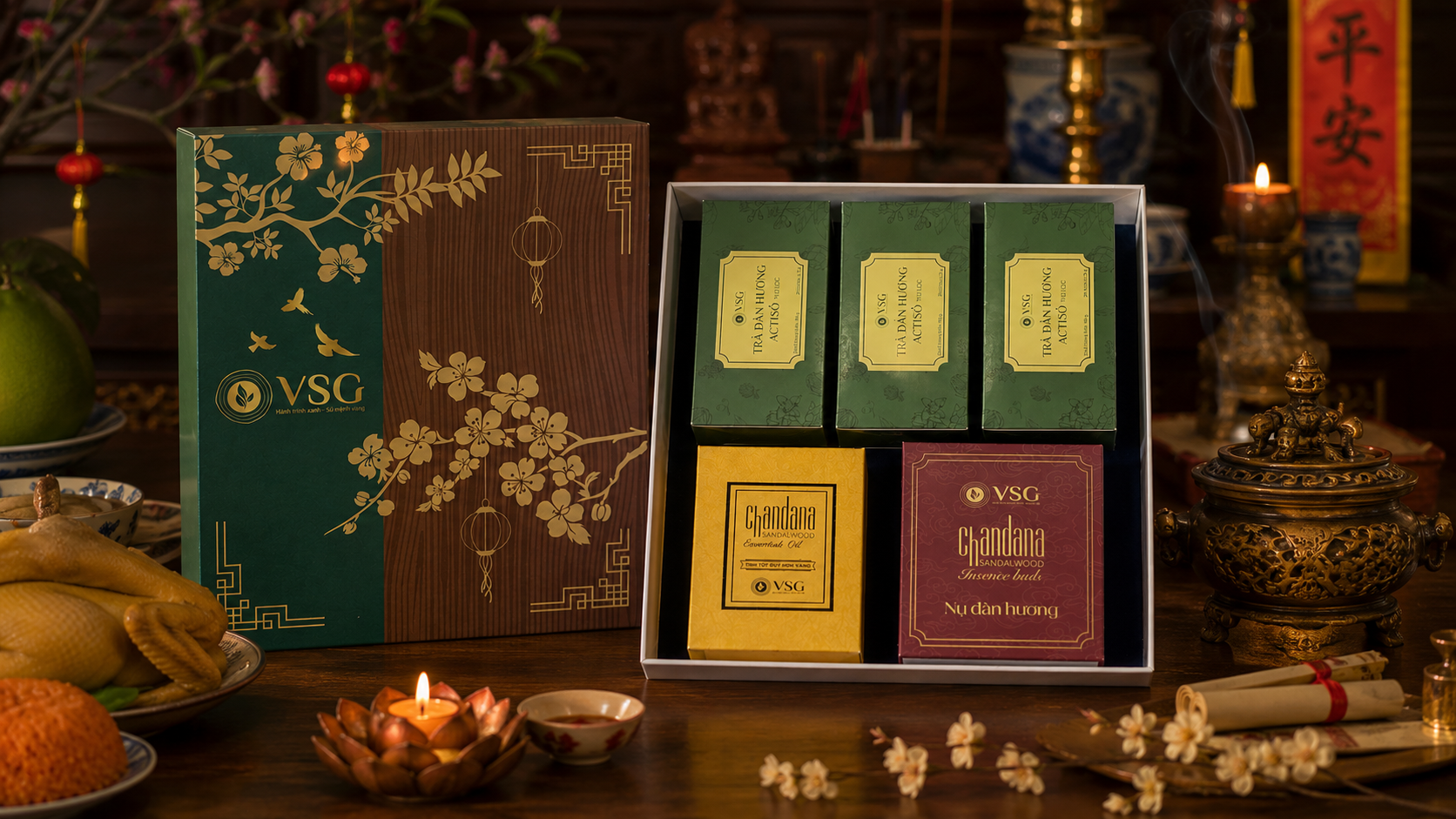 Bộ quà Tết Tam Bảo Thịnh Phúc của VSG - Tinh Hoa Đàn Hương Việt